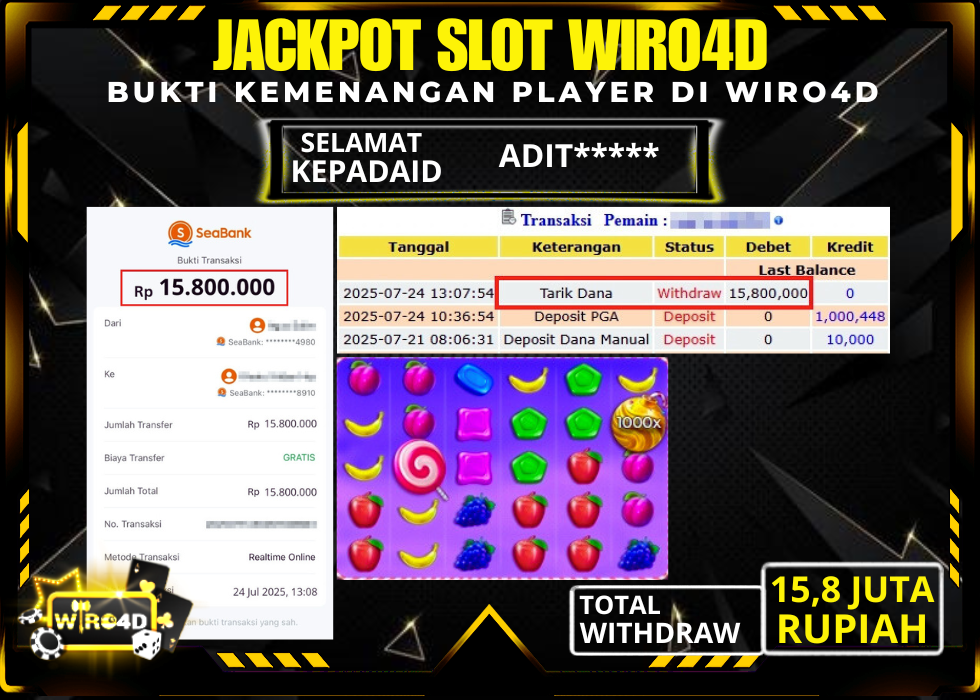 WIRO4D JACKPOT SLOT GAME SWEET BONANZA 1000 Rp 15.800.000,- LUNAS