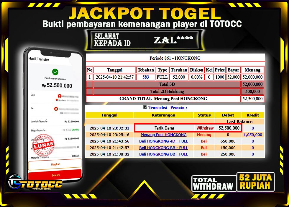 TOTOCC JACKPOT TOGEL HONGKONG LOTTO  Rp 52.500.000,- LUNAS