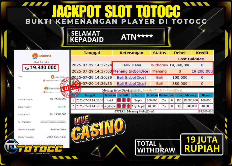 TOTOCC JACKPOT LIVE CASINO GAME SICBO DICE Rp 19.340.000,- LUNAS