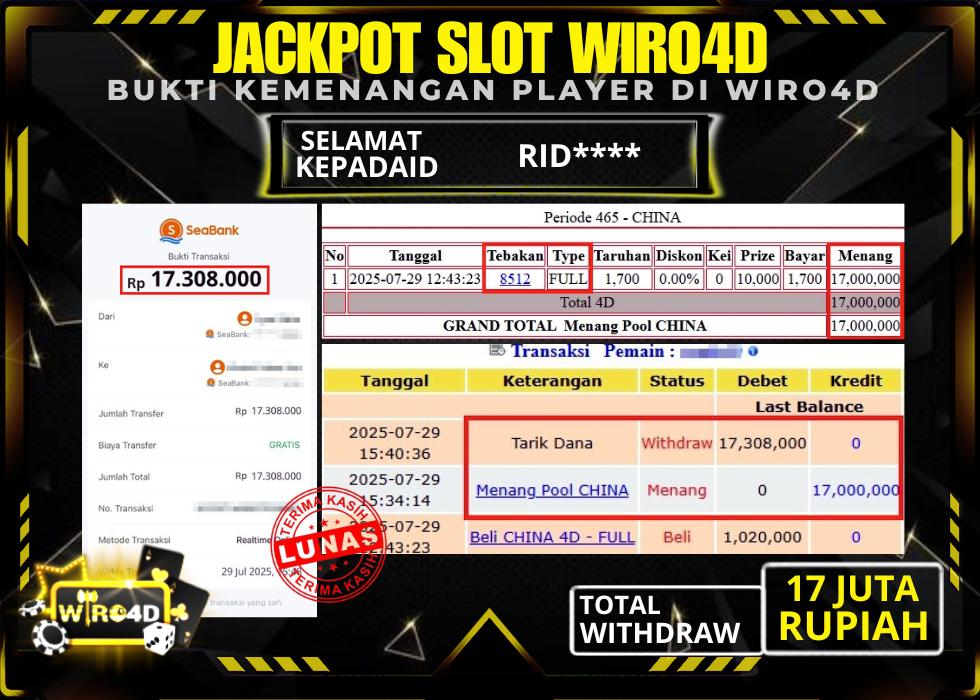 WIRO4D JACKPOT TOGEL PASARAN CHINA POOLS Rp 17.308.000,- LUNAS
