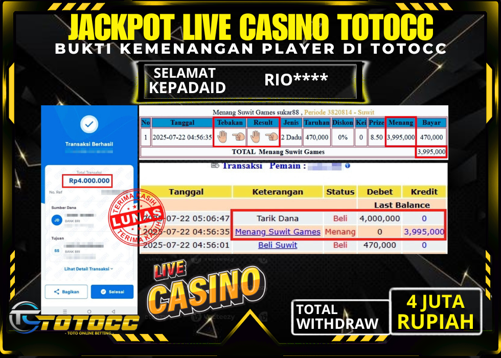 TOTOCC JACKPOT LIVE CASINO GAME SUWIT Rp 4.000.000,- LUNAS