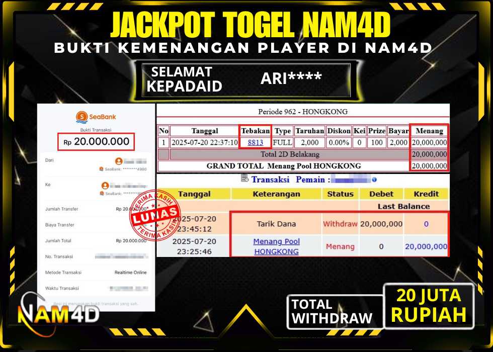 NAM4D JACKPOT TOGEL PASARAN HONGKONG Rp 20.000.000,- LUNAS