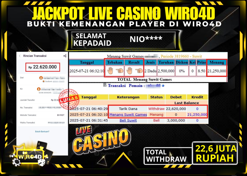 WIRO4D JACKPOT LIVE CASINO GAME SUWIT Rp 22.620.000,- LUNAS