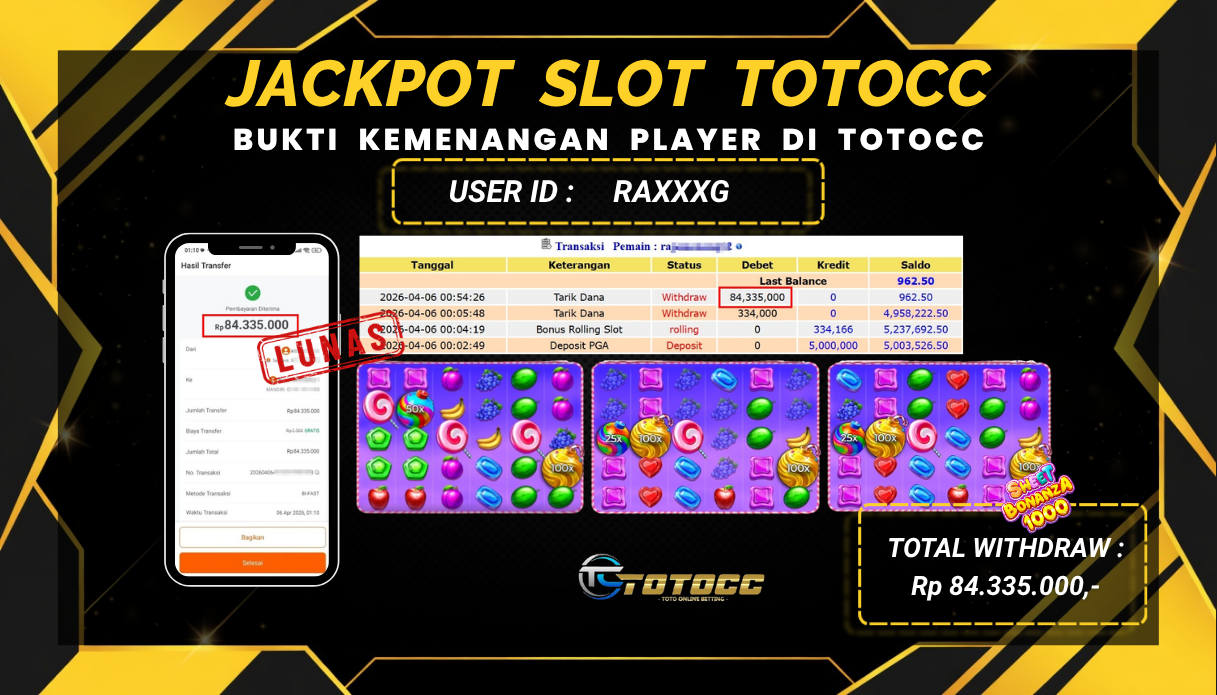 TOTOCC JACKPOT SLOT GAME SWEET BONANZA 1000 Rp 84.335.000,- LUNAS
