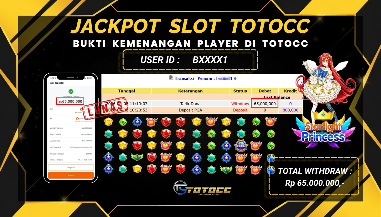 TOTOCC JACKPOT SLOT GAME STARLIGHT PRINCES 1000 Rp 65.000.000,- LUNAS