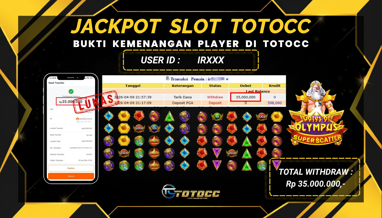 TOTOCC JACKPOT SLOT GAME GATE OF OLYMPUS SUPER SCATTER Rp 35.000.000,- LUNAS