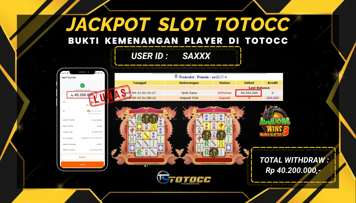 TOTOCC JACKPOT SLOT GAME MAHJONG WINS BLACK SCATTER 3 Rp 40.200.000,- LUNAS