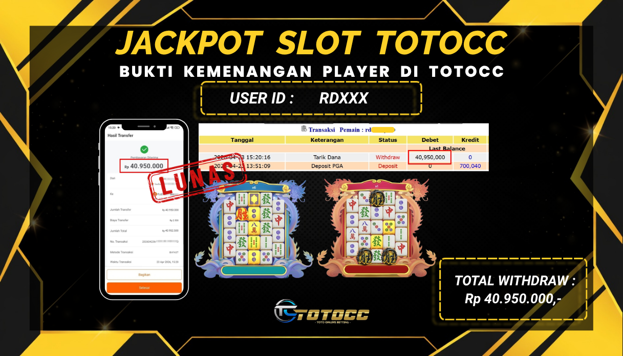 TOTOCC JACKPOT SLOT GAME MAHJONG WINS BLACK SCATTER 3 Rp 40.950.000,- LUNAS