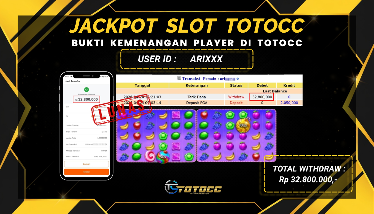 TOTOCC JACKPOT SLOT GAME SWEET BONANZA 1000 Rp 32.800.000,- LUNAS