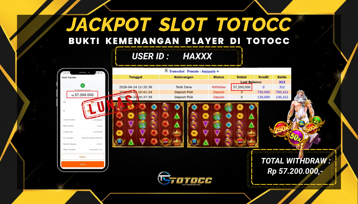 TOTOCC JACKPOT SLOT GAME GATE OF OLYMPUS 1000 Rp 57.200.000,- LUNAS