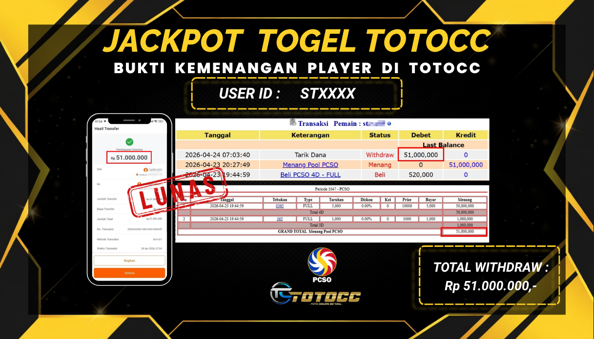 TOTOCC JACKPOT TOGEL PSCO POOLS Rp 51.000.000,- LUNAS