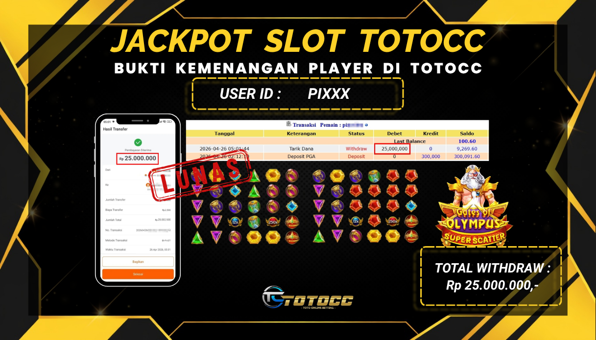 TOTOCC JACKPOT SLOT GAME GATE OF OLYMPUS 1000 Rp 25.000.000,- LUNAS
