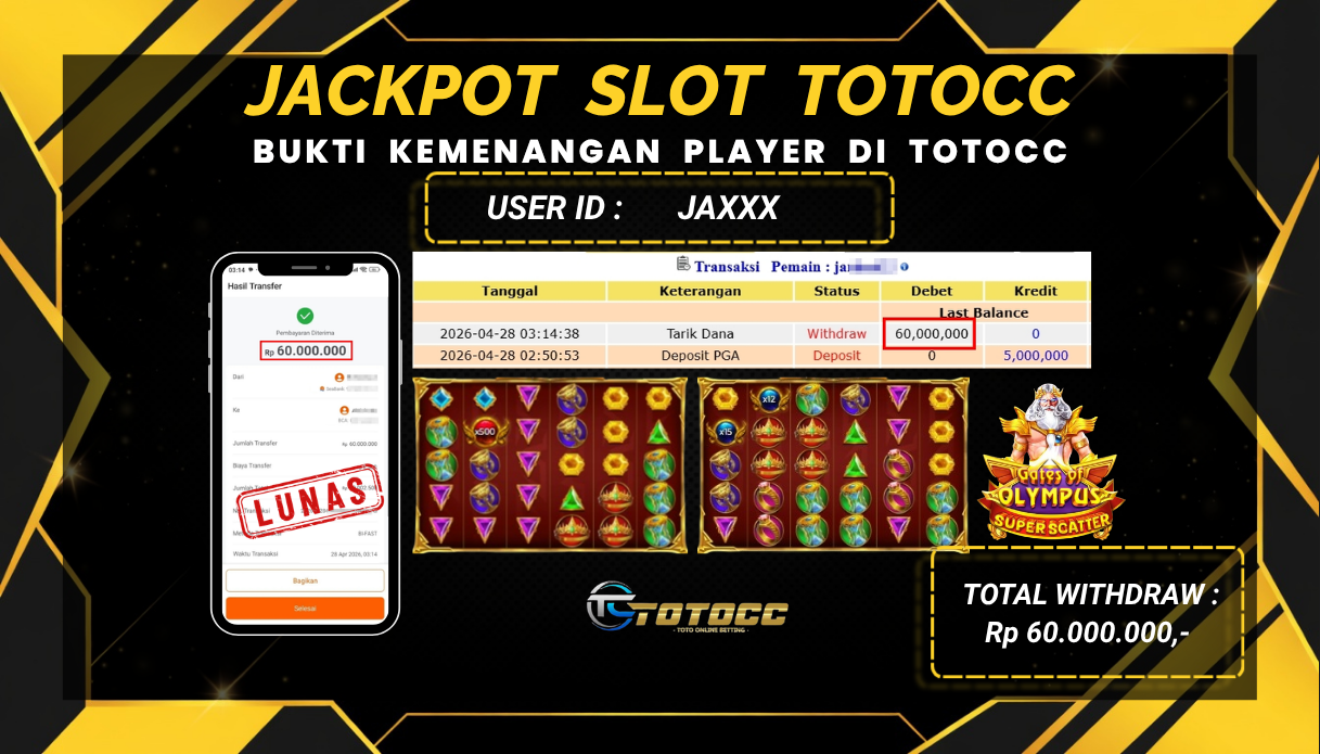 TOTOCC JACKPOT SLOT GAME GATE OF OLYMPUS SUPER SCATTER Rp 60.000.000,- LUNAS