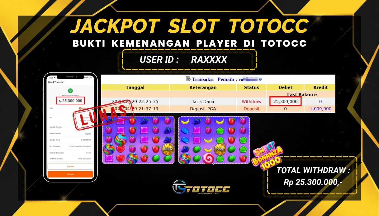 TOTOCC JACKPOT SLOT GAME SWEET BONANZA 1000 Rp 25.300.000,- LUNAS