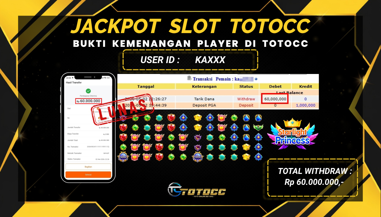 TOTOCC JACKPOT SLOT GAME STARLIGHT PRINCES 1000 Rp 60.000.000,- LUNAS