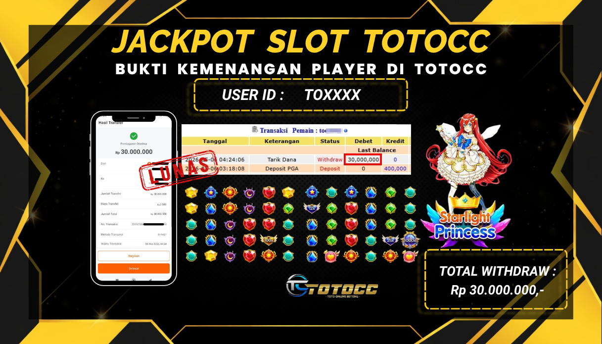 TOTOCC JACKPOT SLOT GAME STARLIGHT PRINCES 1000 Rp 30.000.000,- LUNAS