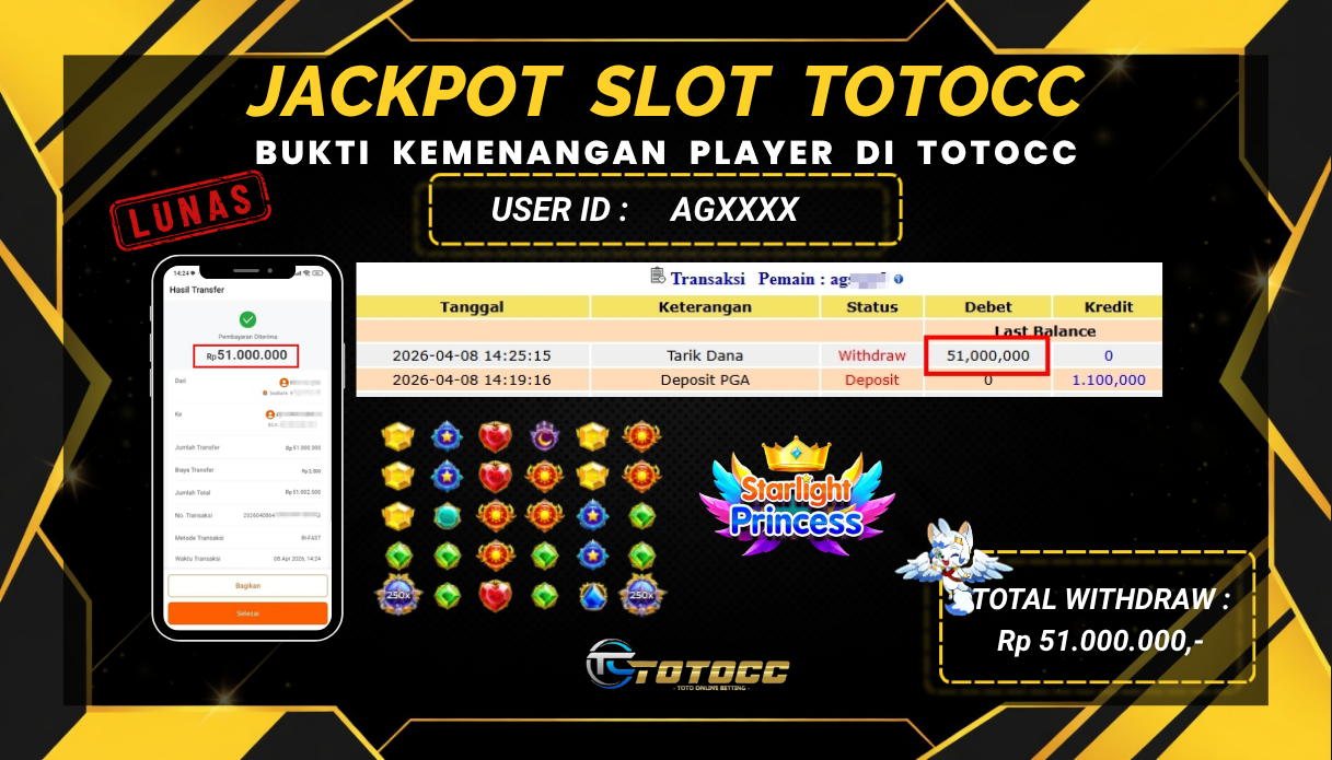 TOTOCC JACKPOT SLOT GAME STARLIGHT PRINCES 1000 Rp 51.000.000,- LUNAS