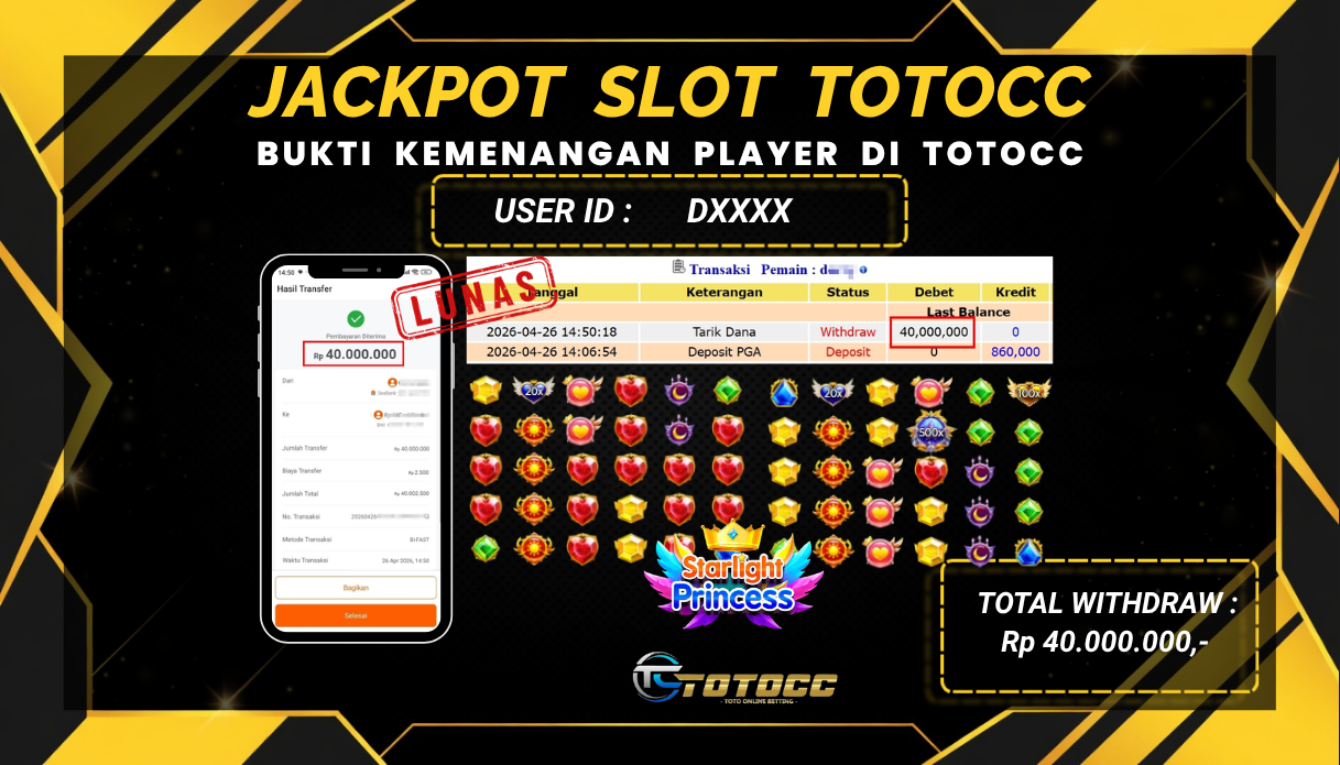 TOTOCC JACKPOT SLOT GAME STARLIGHT PRINCES 1000 Rp 40.000.000,- LUNAS